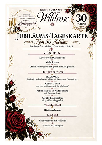 30 Jahre Restaurant Wildrose Jubiläumstageskarte